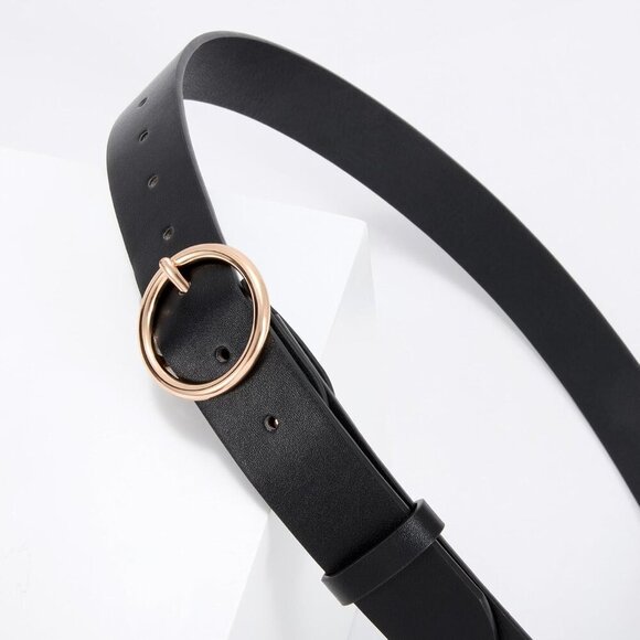 Women Leather Belt with Circle Gold Buckle Fashion Ladies Waist Belt Black Gold main image 5